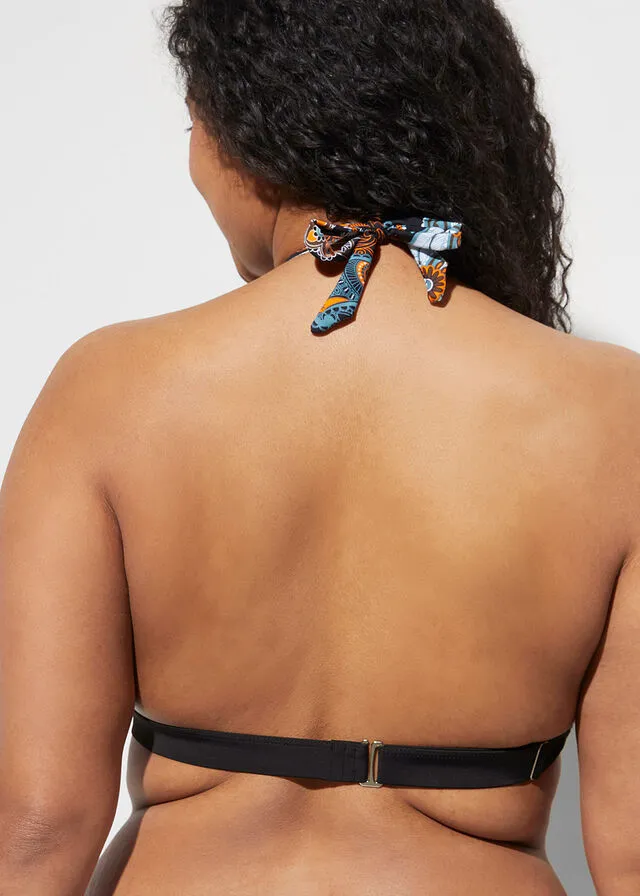 PARTE SUPERIOR DE BIKINI AL CUELLO DE POLIAMIDA RECICLADA NEGRONARANJA ESTAMPADO
