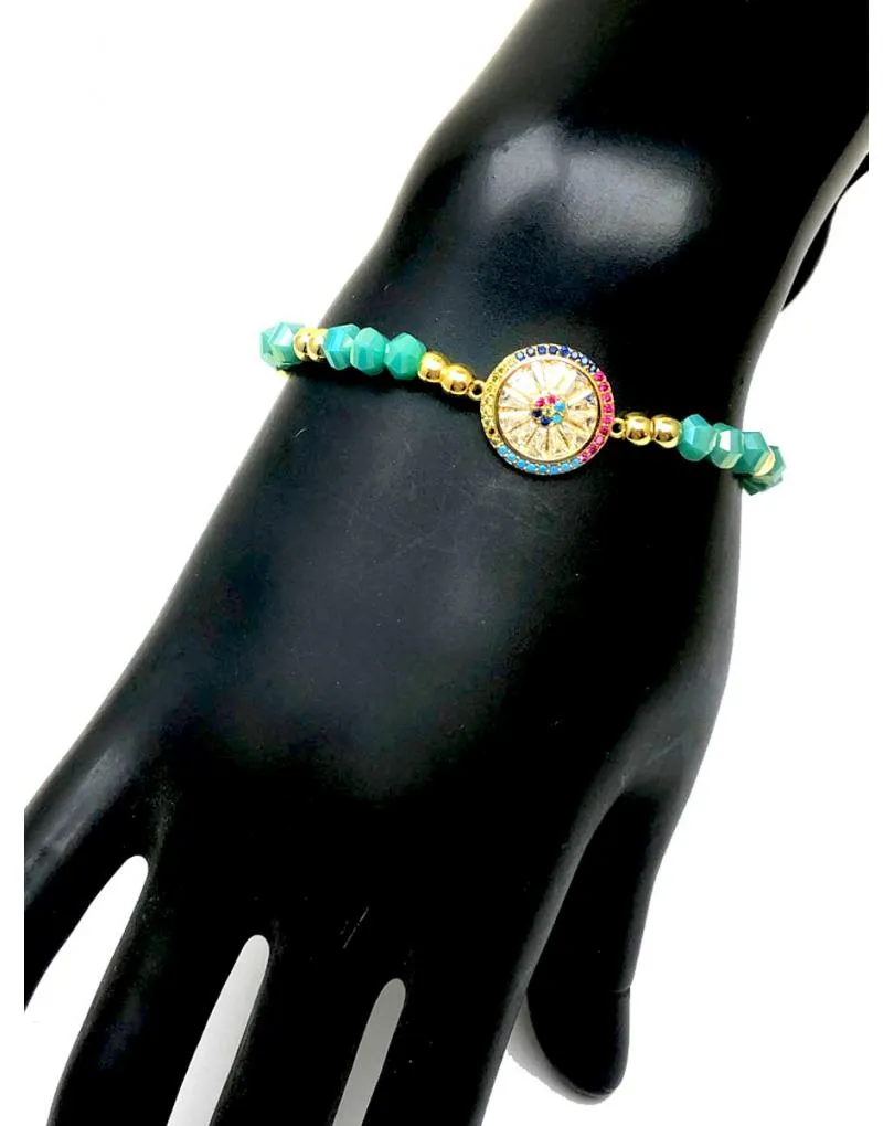 PULSERAS ELASTICAS VERDES Y DORADAS CON DETALLE COLOR