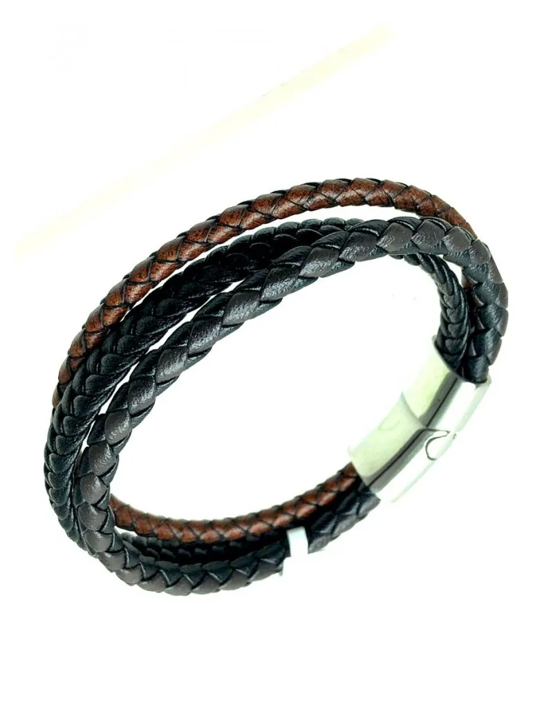 PULSERAS HOMBRE DE ACERO Y CUERO TRENZADO TRICOLOR