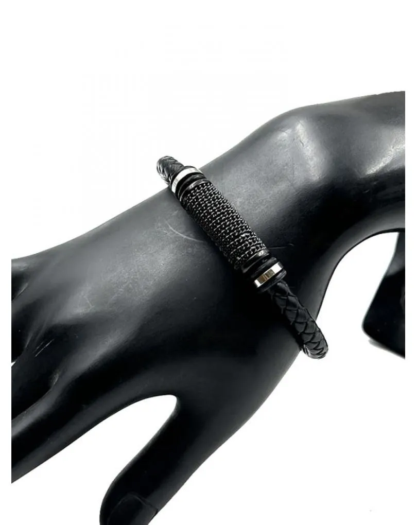 PULSERAS HOMBRE DE CUERO TRENZADO CON CADENA NEGRA