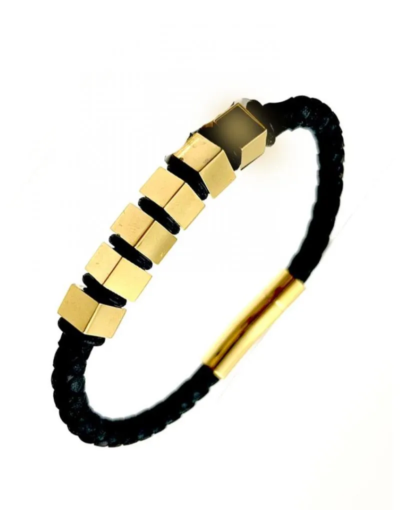 PULSERAS HOMBRE NEGRAS DISEÑO ESTRECHO CON CUADRADOS DORADOS