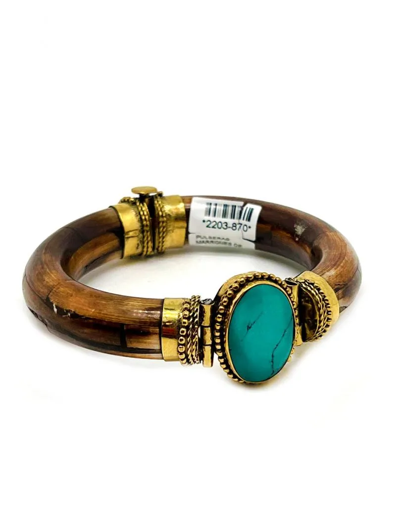 PULSERAS MARRONES DE HUESO DECORADA CON PIEDRA TURQUESA