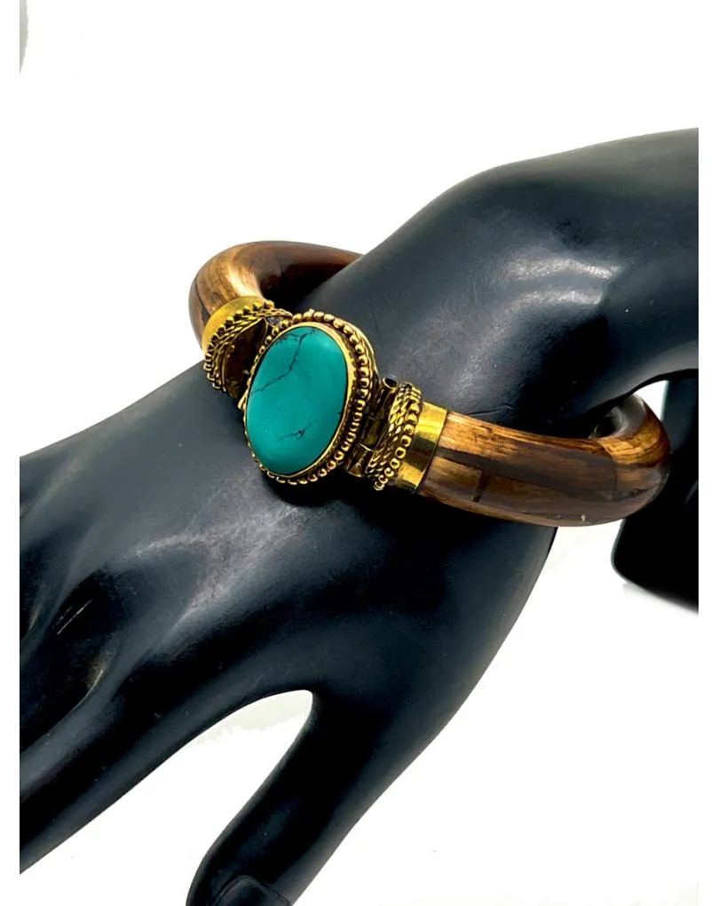 PULSERAS MARRONES DE HUESO DECORADA CON PIEDRA TURQUESA