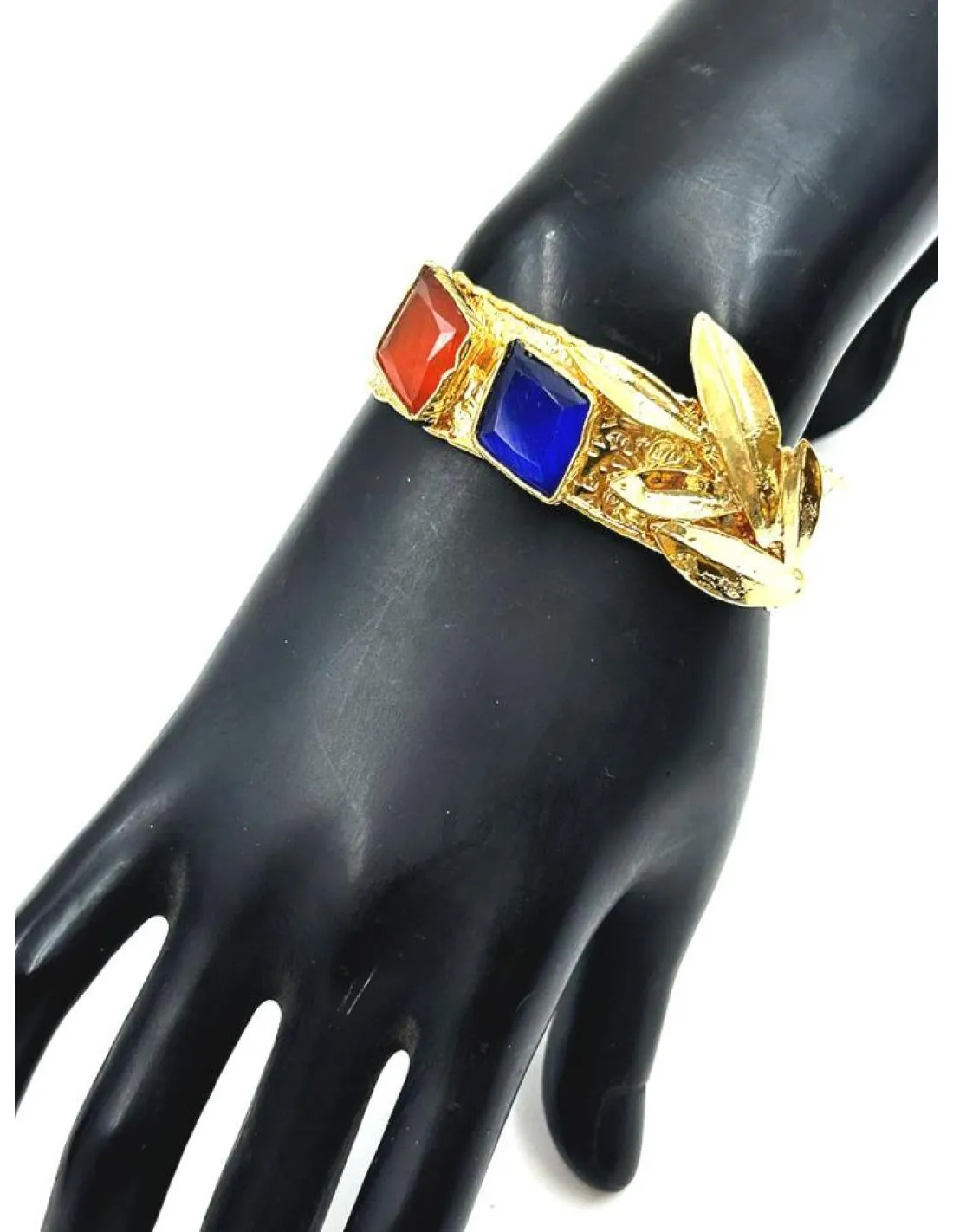 PULSERAS MUJER DORADAS Y PIEDRAS NARANJA Y AZULON
