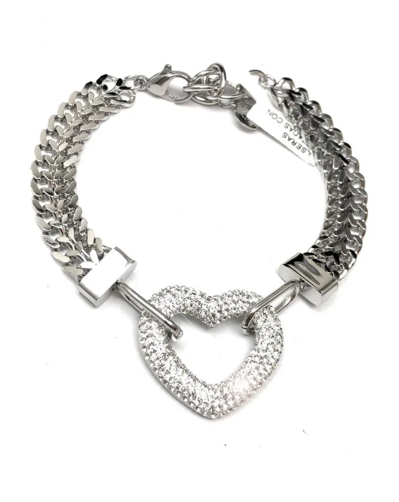 PULSERAS PLATEADAS CON CORAZON DECORADO EN CRISTAL BRILLO