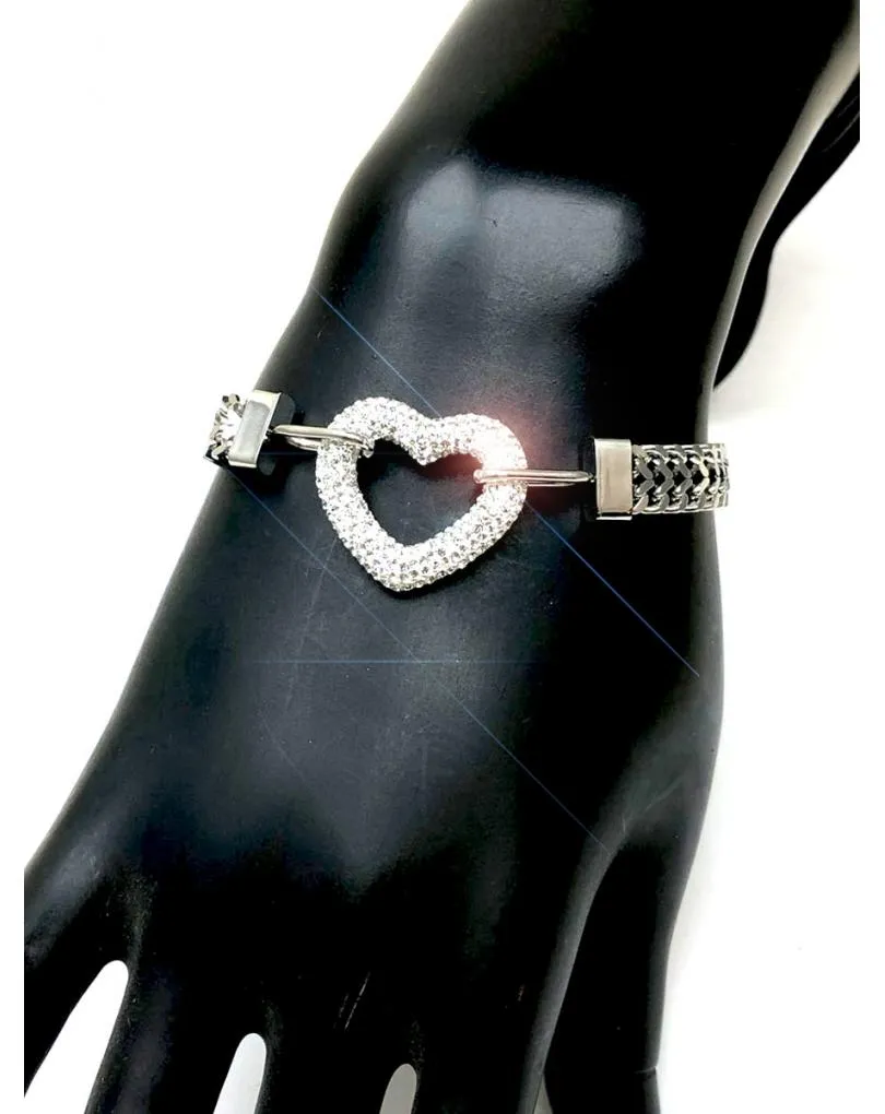 PULSERAS PLATEADAS CON CORAZON DECORADO EN CRISTAL BRILLO