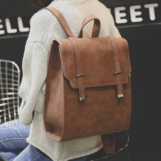 Retro Matte Square PU Metal Lock Match Brown Large Scrub High School Backpack