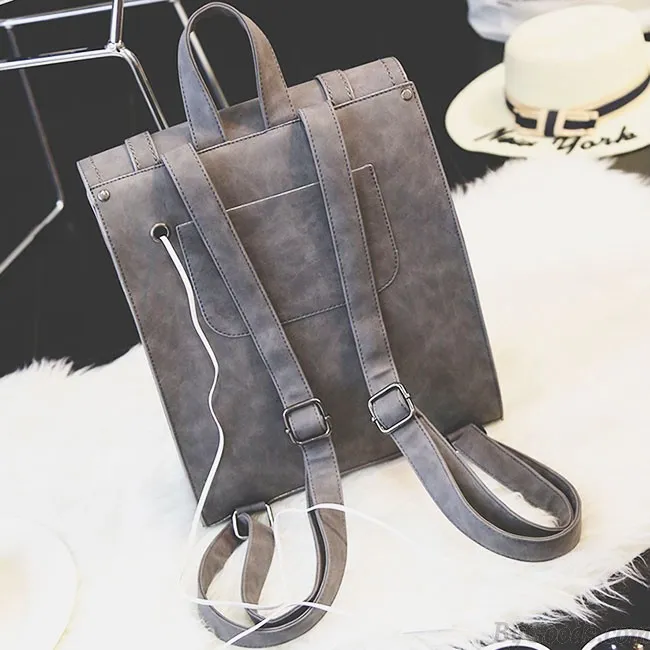 Retro Matte Square PU Metal Lock Match Brown Large Scrub High School Backpack
