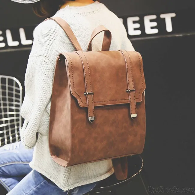 Retro Matte Square PU Metal Lock Match Brown Large Scrub High School Backpack