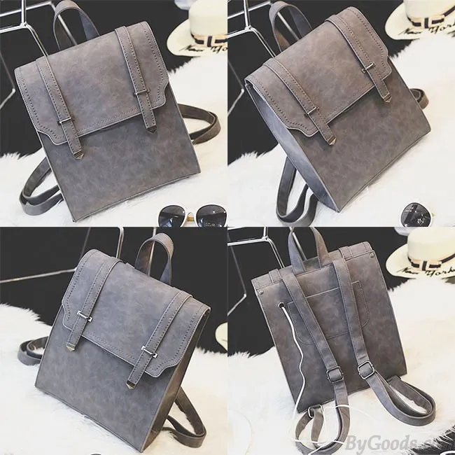 Retro Matte Square PU Metal Lock Match Brown Large Scrub High School Backpack
