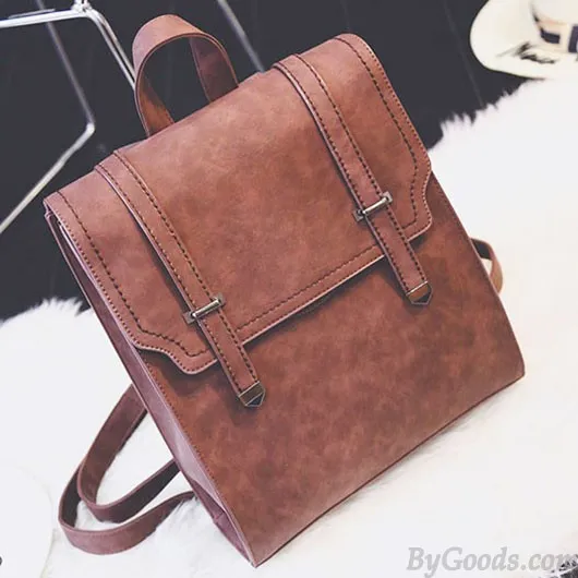 Retro Matte Square PU Metal Lock Match Brown Large Scrub High School Backpack