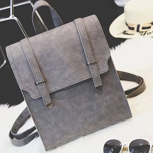 Retro Matte Square PU Metal Lock Match Brown Large Scrub High School Backpack