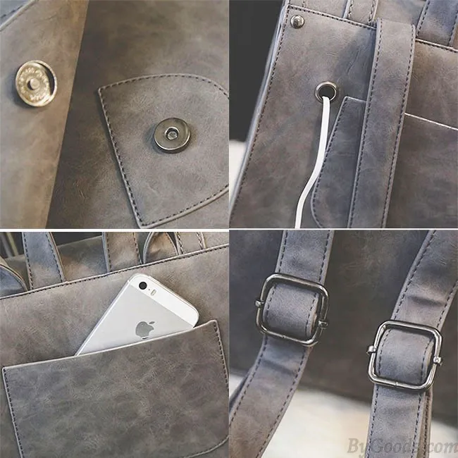 Retro Matte Square PU Metal Lock Match Brown Large Scrub High School Backpack