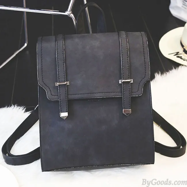 Retro Matte Square PU Metal Lock Match Brown Large Scrub High School Backpack