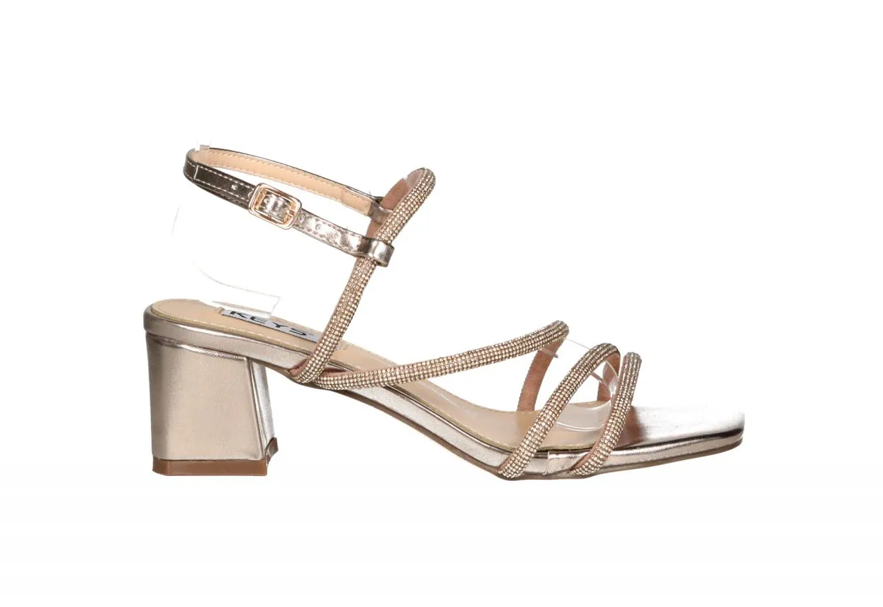 Sandalia Dorado Tiras Brillantes Tacon Medio