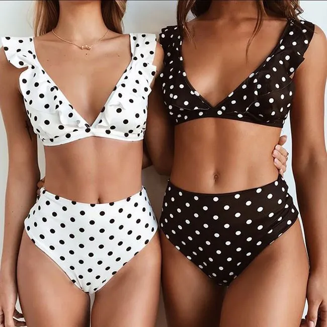 Sexy Big Wave Point Dot High Waist Swimsuit Bikinis Ruffle Women Swimwear