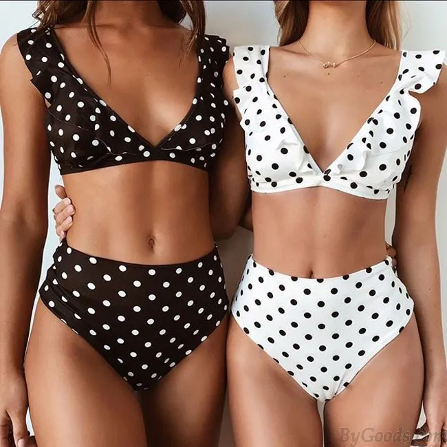 Sexy Big Wave Point Dot High Waist Swimsuit Bikinis Ruffle Women Swimwear