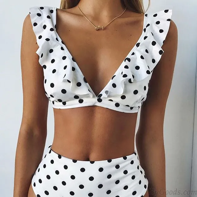 Sexy Big Wave Point Dot High Waist Swimsuit Bikinis Ruffle Women Swimwear