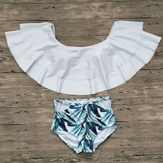 Sexy Pink Flower High Waist Swimsuit Swimwear Women Ruffled Leaves Bikinis 