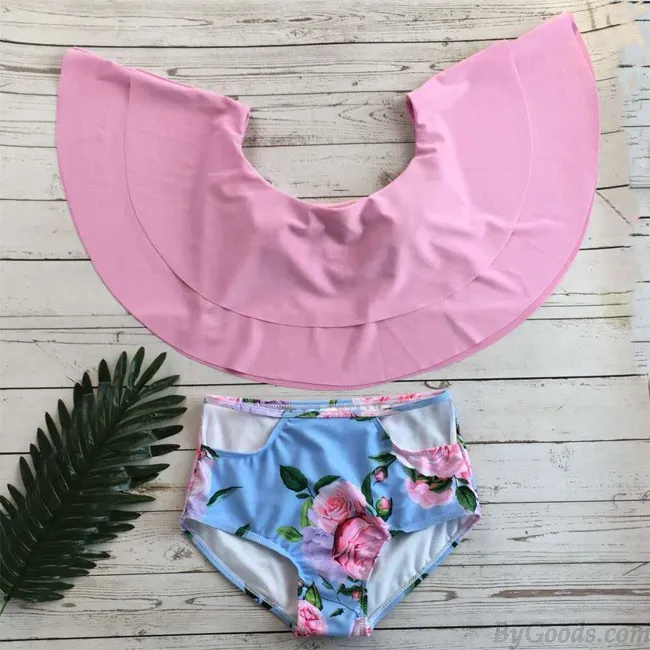 Sexy Pink Flower High Waist Swimsuit Swimwear Women Ruffled Leaves Bikinis 