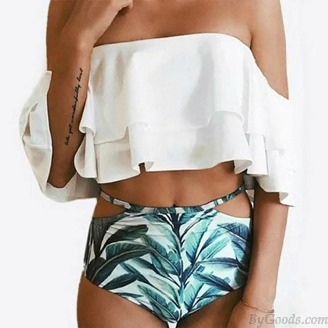 Sexy Pink Flower High Waist Swimsuit Swimwear Women Ruffled Leaves Bikinis 