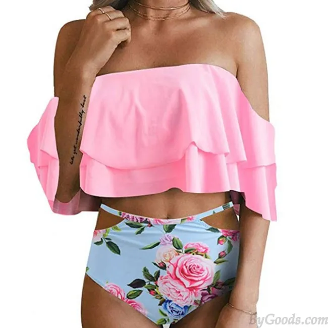 Sexy Pink Flower High Waist Swimsuit Swimwear Women Ruffled Leaves Bikinis 