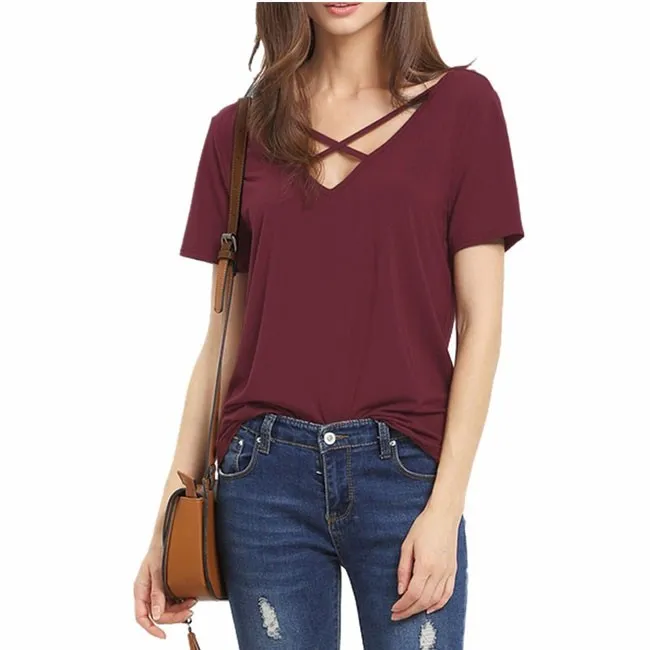 SEXY V NECK LOOSE BANDAGE CROSS PURE COLOR WOMEN'S TSHIRT