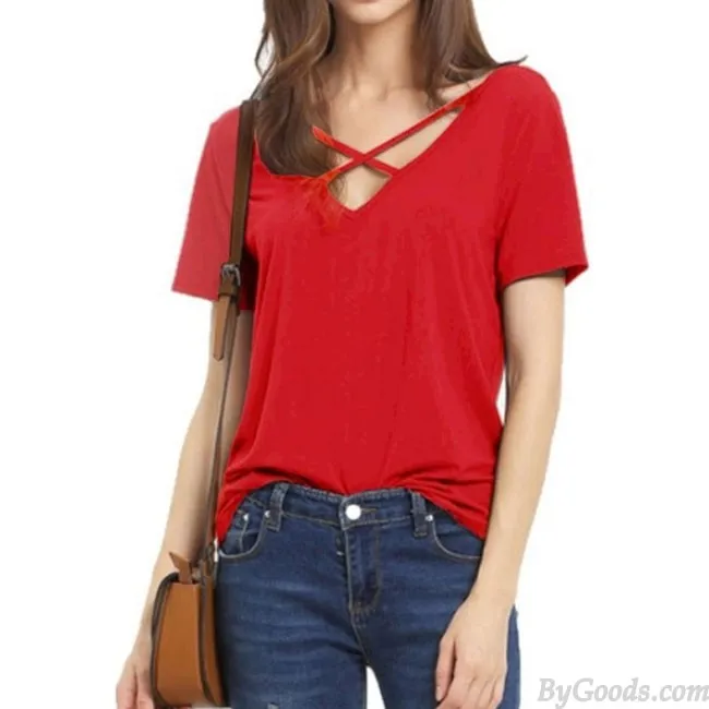 SEXY V NECK LOOSE BANDAGE CROSS PURE COLOR WOMEN'S TSHIRT