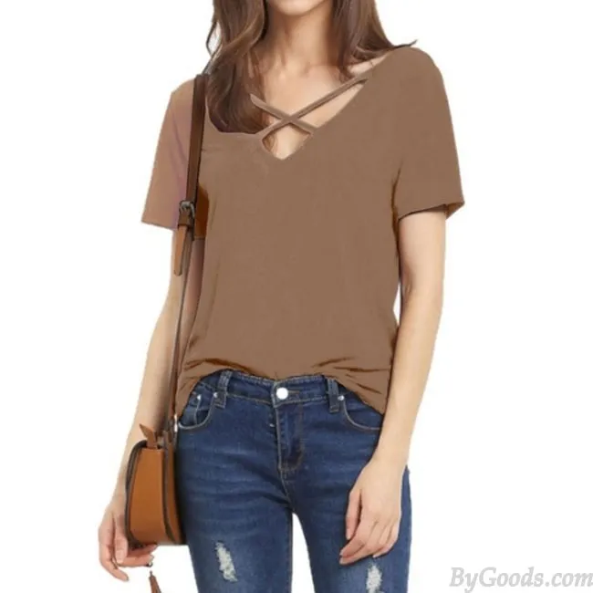 SEXY V NECK LOOSE BANDAGE CROSS PURE COLOR WOMEN'S TSHIRT