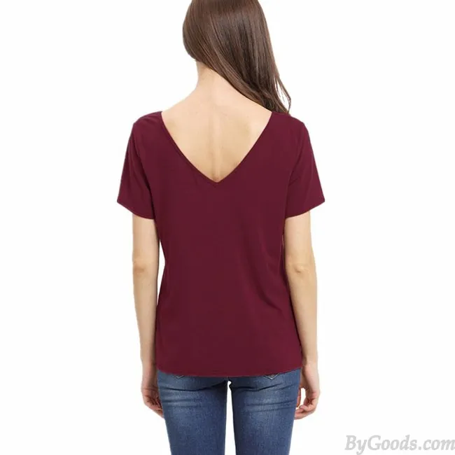 SEXY V NECK LOOSE BANDAGE CROSS PURE COLOR WOMEN'S TSHIRT