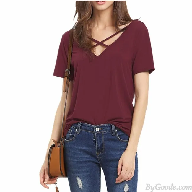 SEXY V NECK LOOSE BANDAGE CROSS PURE COLOR WOMEN'S TSHIRT