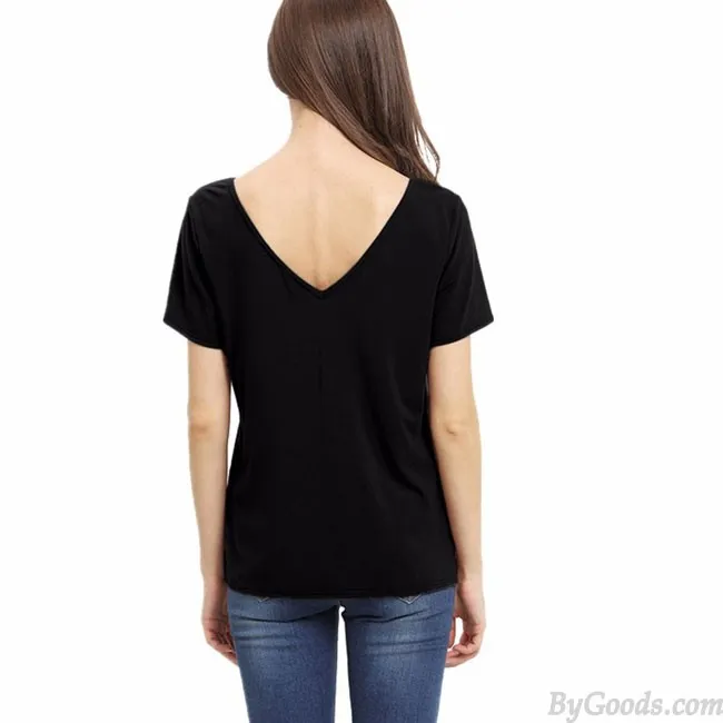 SEXY V NECK LOOSE BANDAGE CROSS PURE COLOR WOMEN'S TSHIRT
