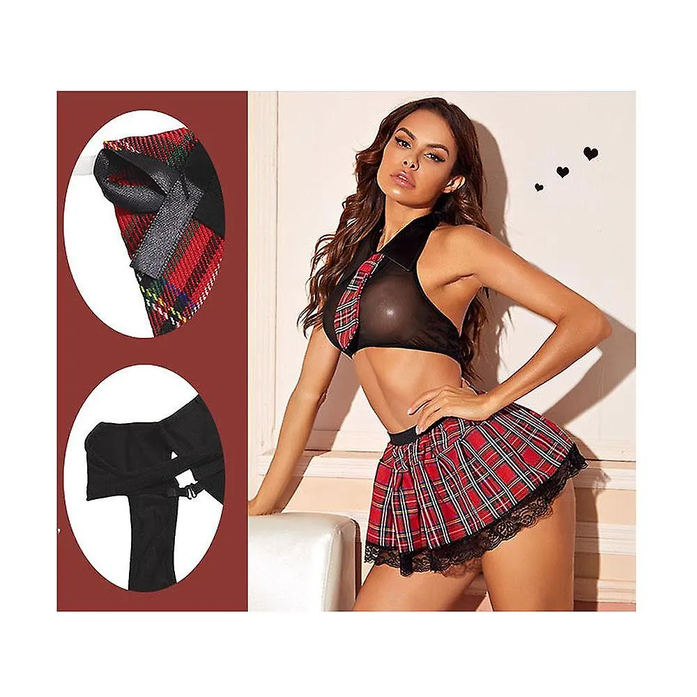 Traje de mujer Lencería sexy Set Cosplay Top y Traje de falda a cuadros (XL)