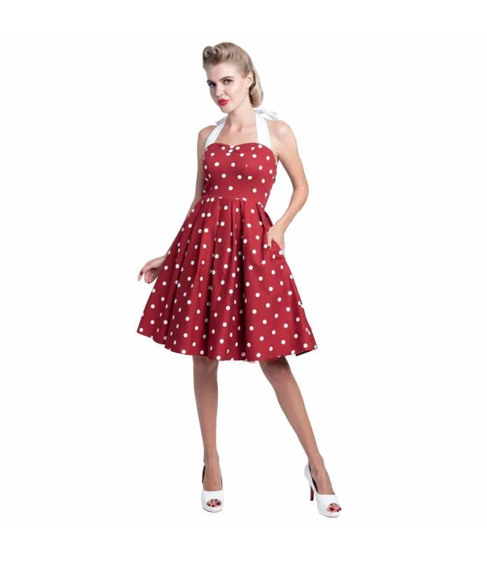 Vestido Blanco y Burdeos Lunares Cuello Haltern Vuelo Sophia Vintage Dolly and Dotty V646