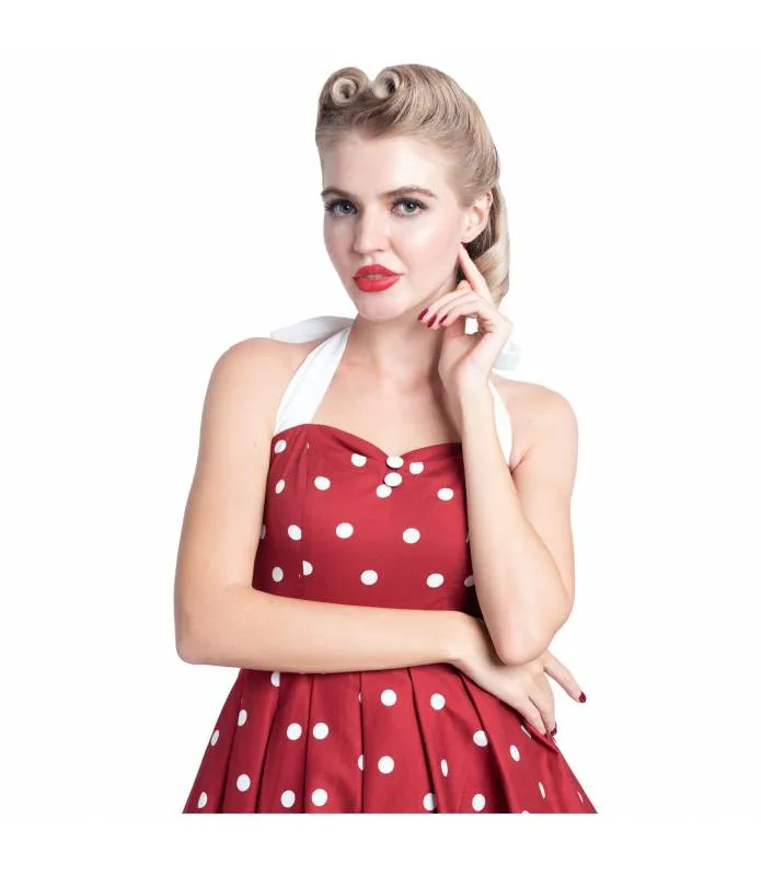 Vestido Blanco y Burdeos Lunares Cuello Haltern Vuelo Sophia Vintage Dolly and Dotty V646