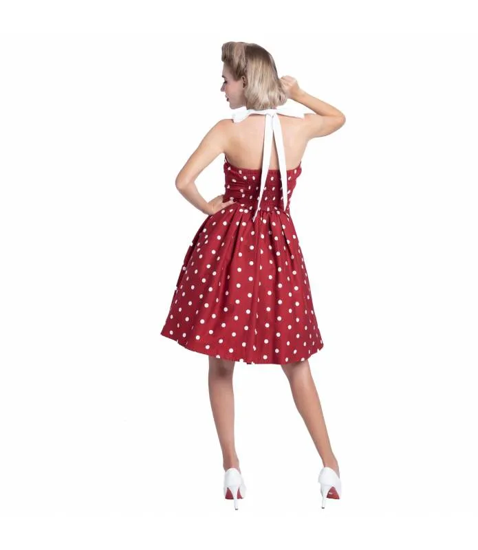 Vestido Blanco y Burdeos Lunares Cuello Haltern Vuelo Sophia Vintage Dolly and Dotty V646
