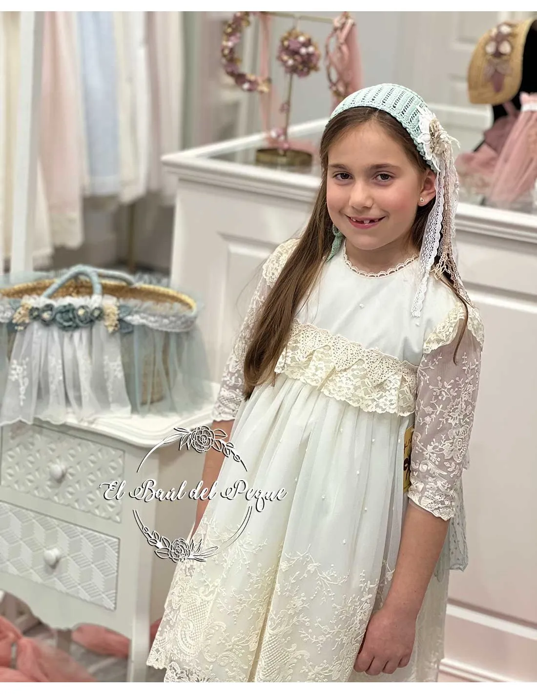 Vestido Niña Ceremonia Kobez Tul Bordado Verde Agua