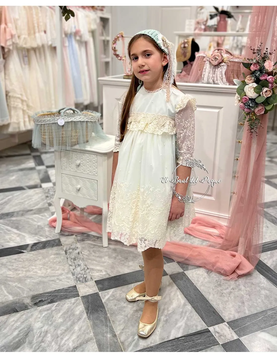 Vestido Niña Ceremonia Kobez Tul Bordado Verde Agua