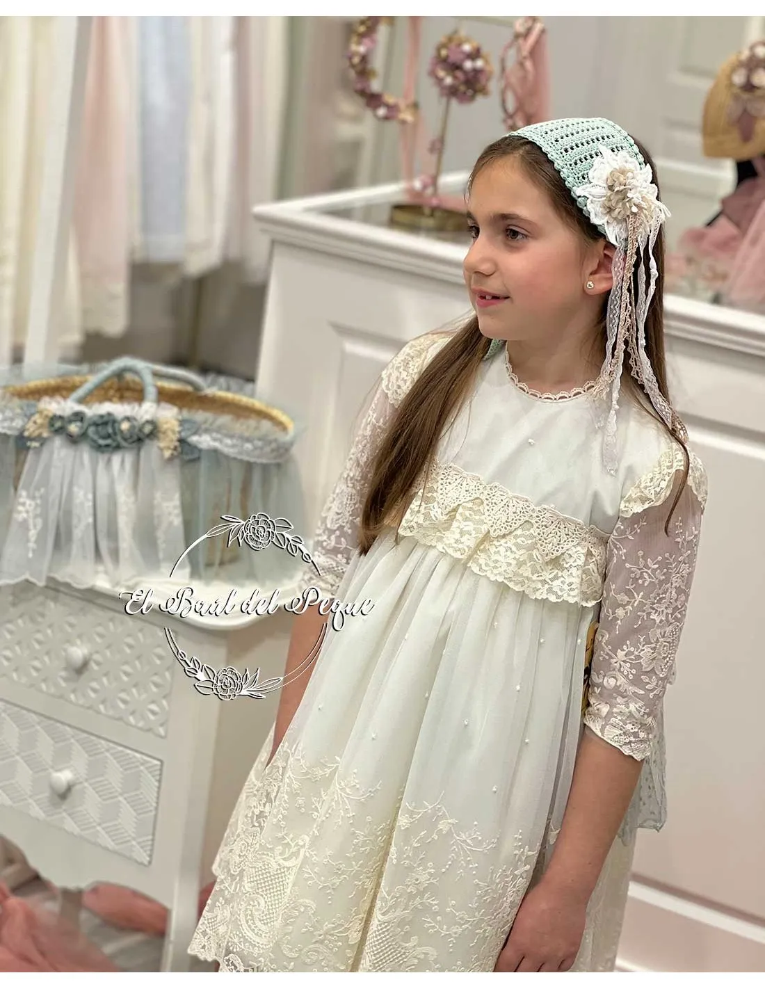 Vestido Niña Ceremonia Kobez Tul Bordado Verde Agua