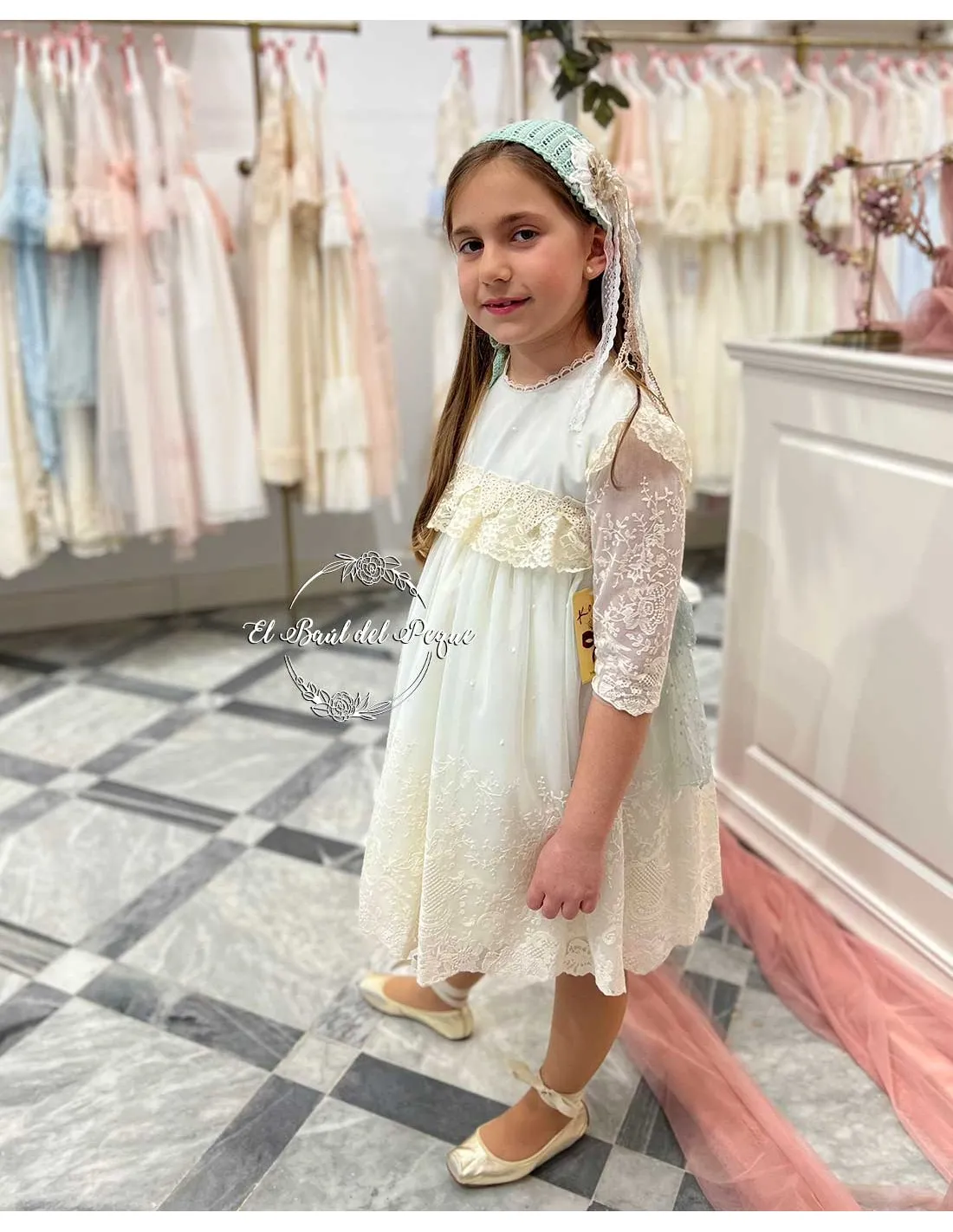 Vestido Niña Ceremonia Kobez Tul Bordado Verde Agua