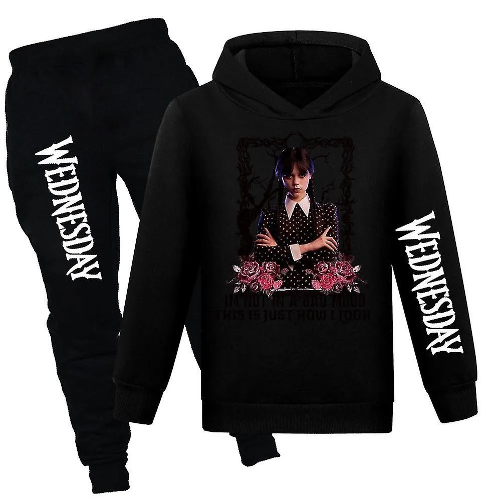 Wednesday Addams Conjunto de chándal Niños Manga larga Sudaderas con capucha Sudadera con capucha Top Pantalones Atuendos Ropa d