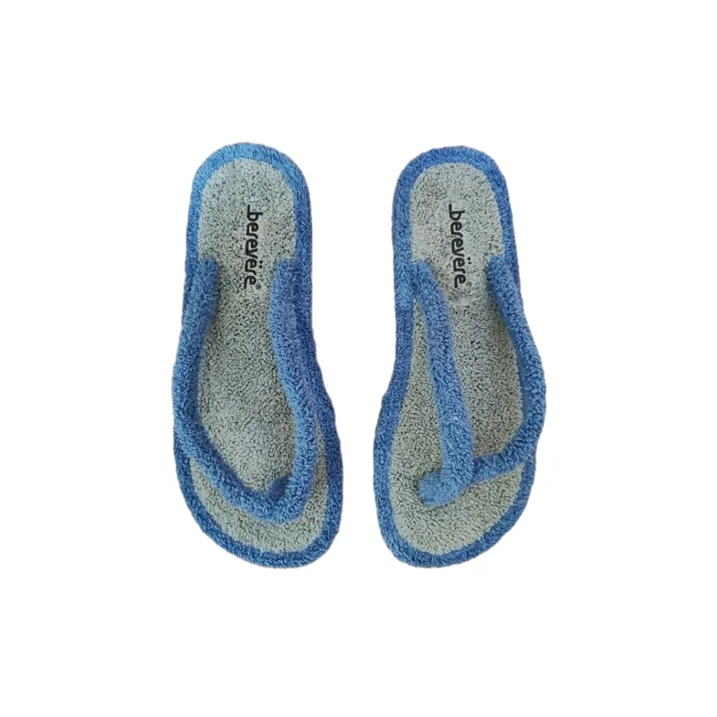 Zapatillas de casa de dedo para mujer de toalla, azul combinado con gris