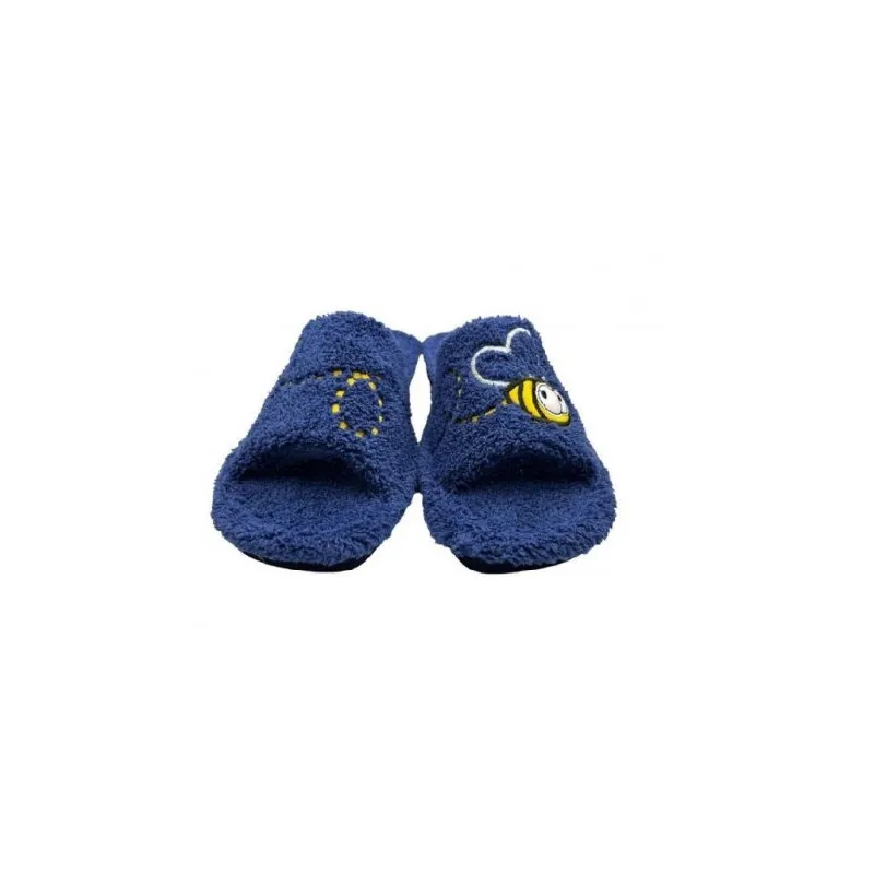 Zapatillas de casa para mujer con bordado de una abeja, fabricadas en rizo azul marino