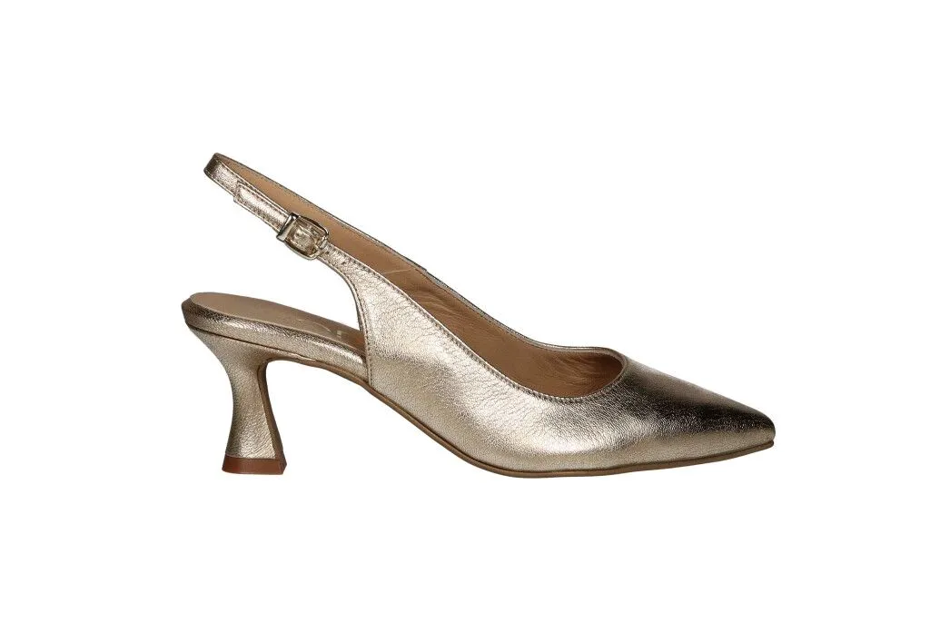 Zapato Talon Abierto Piel Dorado Tacon Medio