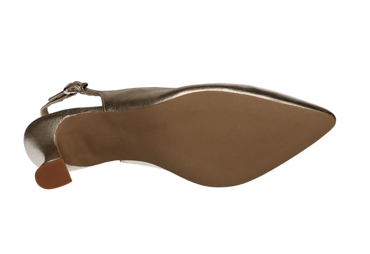 Zapato Talon Abierto Piel Dorado Tacon Medio