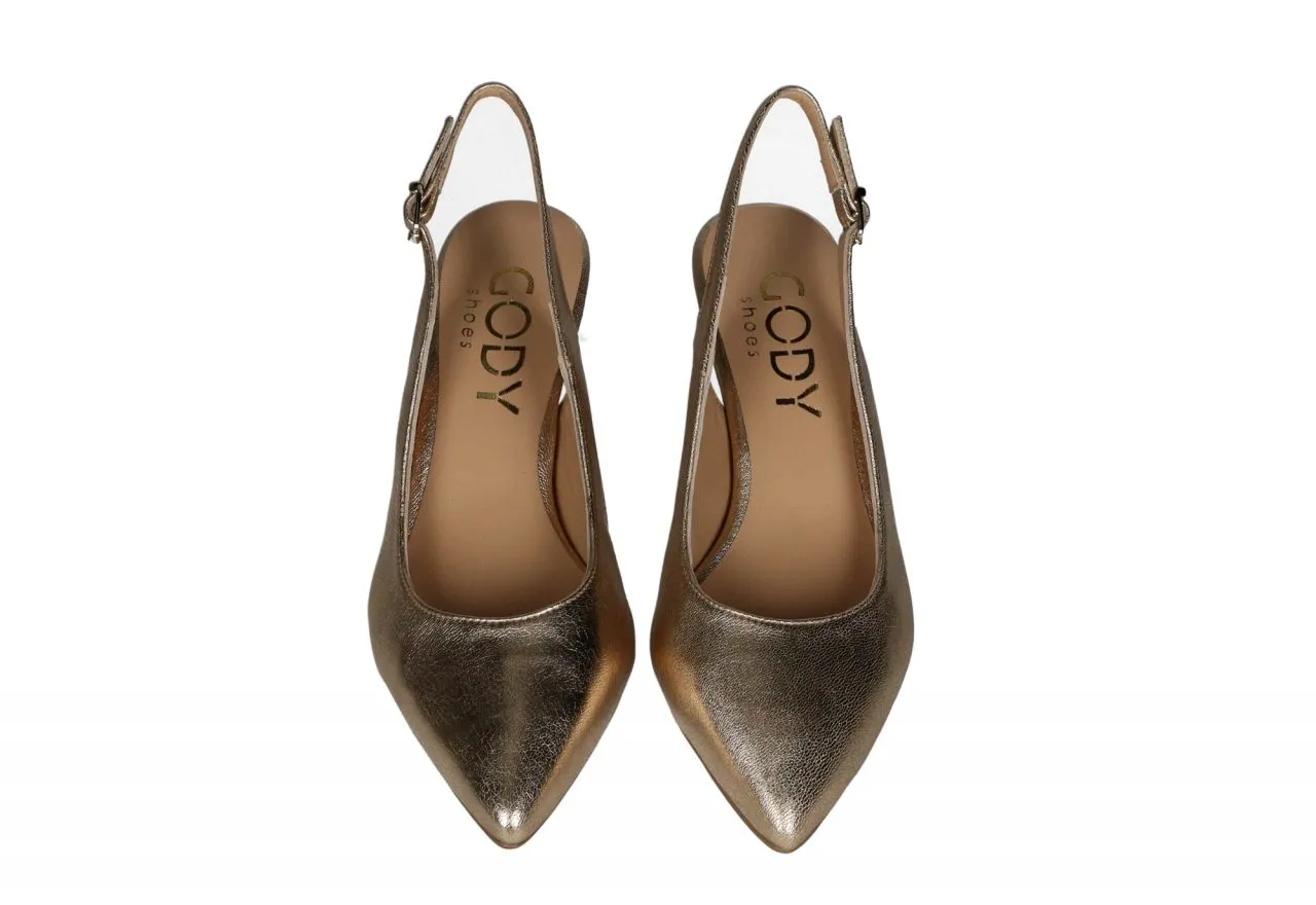 Zapato Talon Abierto Piel Dorado Tacon Medio