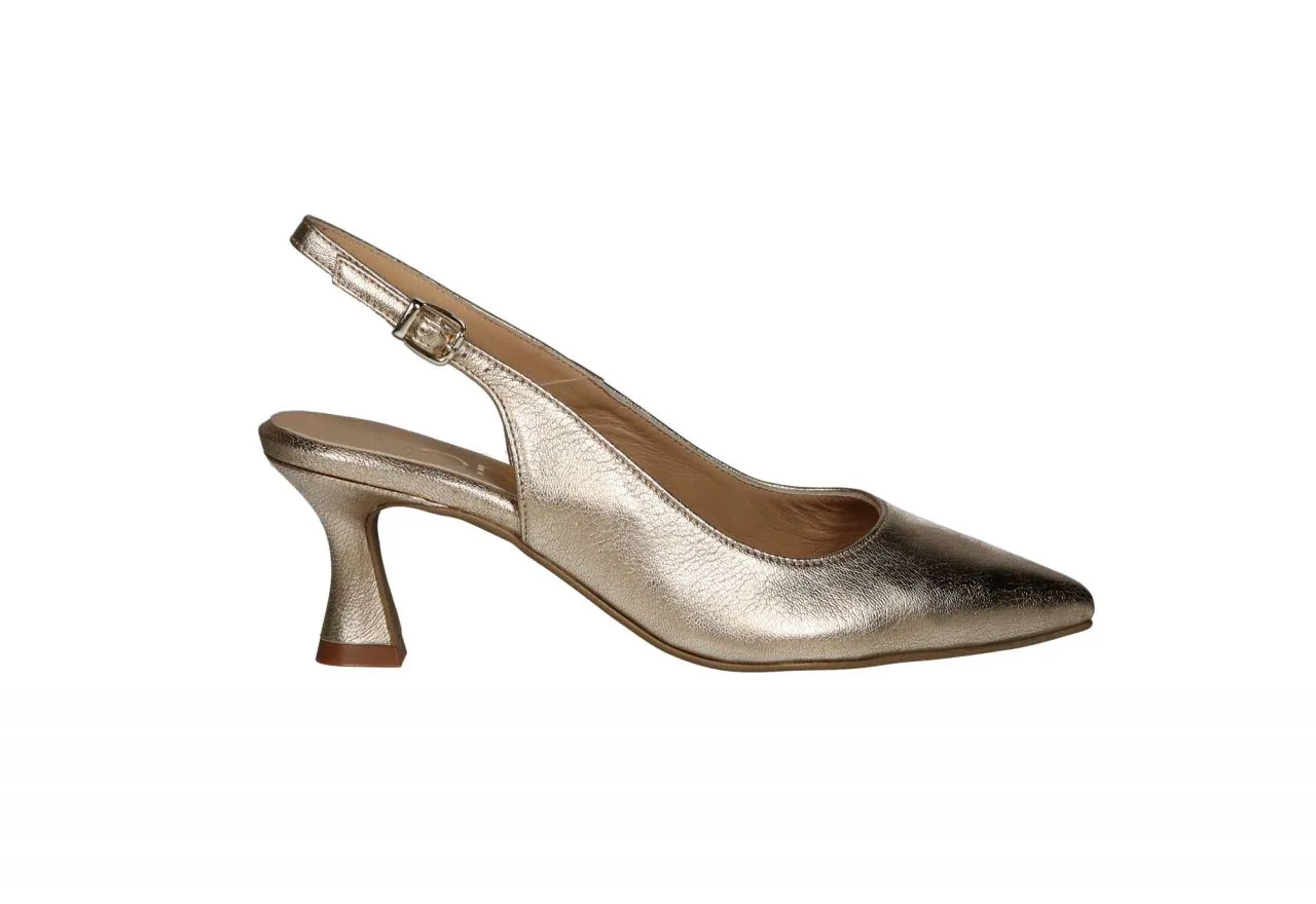 Zapato Talon Abierto Piel Dorado Tacon Medio