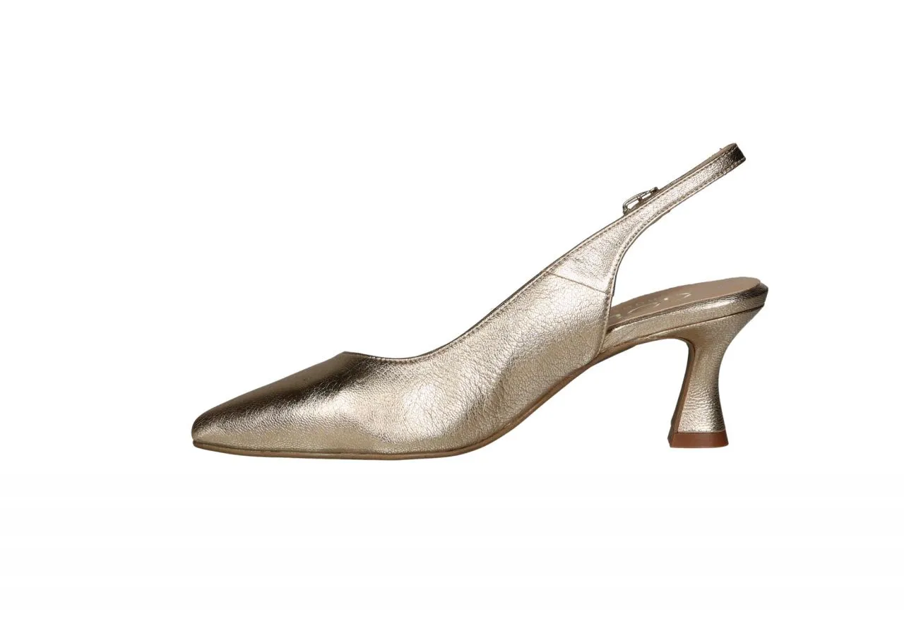 Zapato Talon Abierto Piel Dorado Tacon Medio